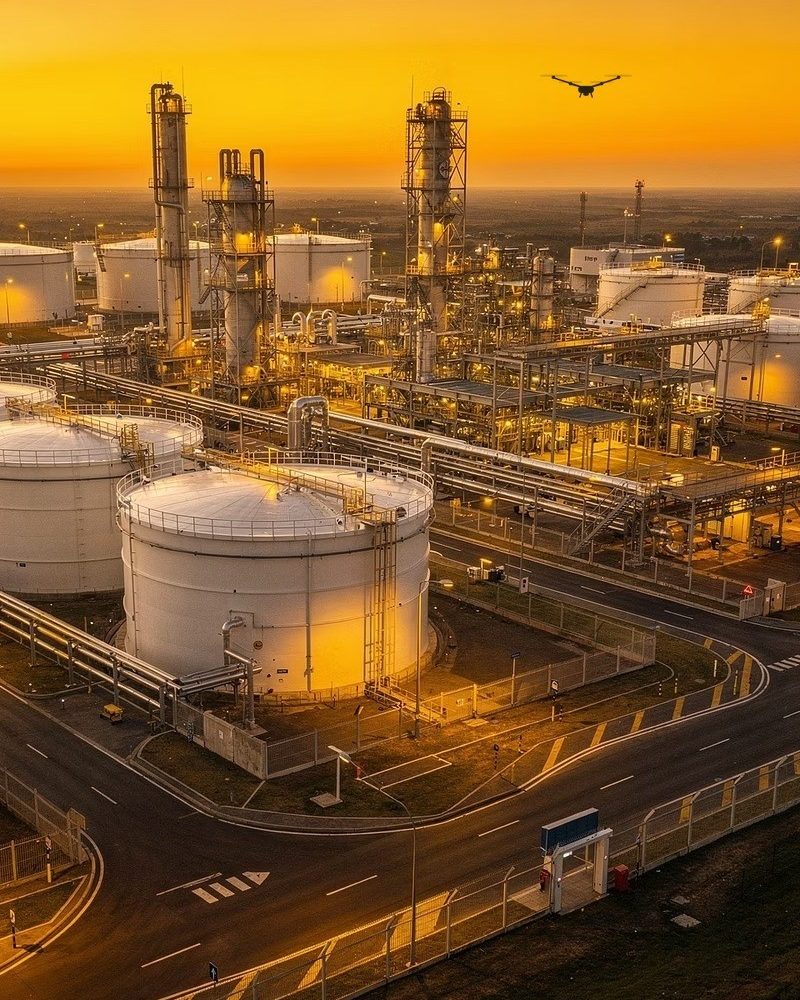 Illustration of a drone above an energy facility at dusk